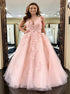 Ball Gown V Neck Appliques Floor Length Tulle Pink Prom Dresses LBQ1905